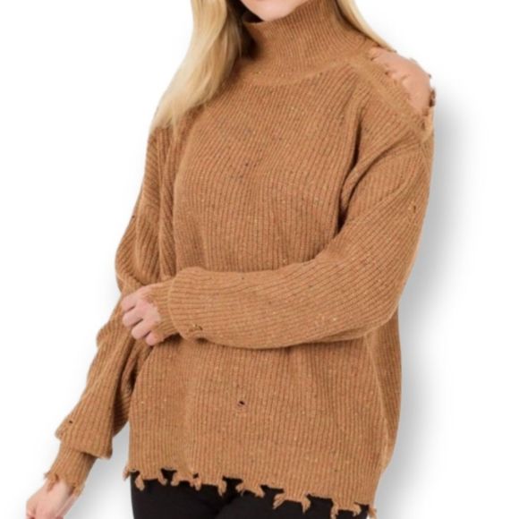 ZENANA DEEP CAMEL CUTOUT TURTLENECK DISTRESSED SWEATER NWT MULTIPLE SIZES - Picture 4 of 8